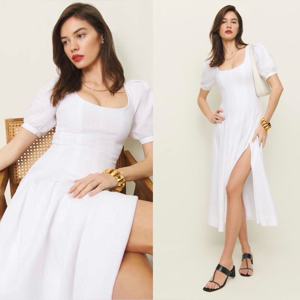 Reformation White Puff-Sleeve Midi Dress